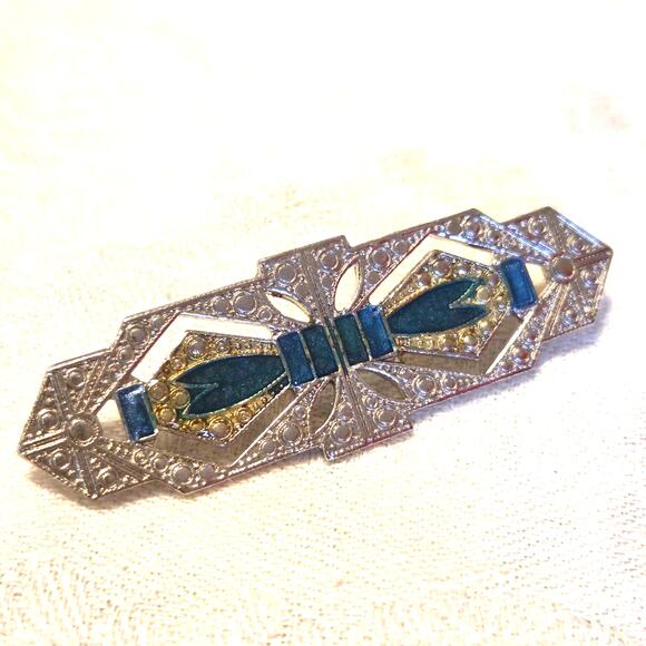 Vtg Art Deco Style Silvertone Brooch Turquoise Enamel Bowtie Design Scarf Pin - Picture 2 of 6